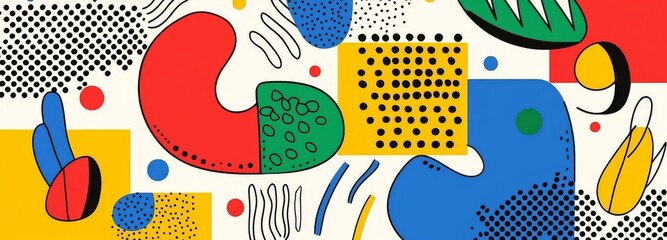 An abstract modern illustration featuring simple geometric shapes and a colorful mid-century pattern.