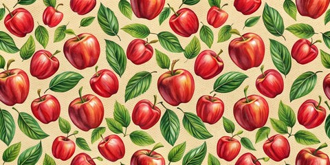 Watercolor Red Apples and Green Leaves Seamless Pattern on Beige Background