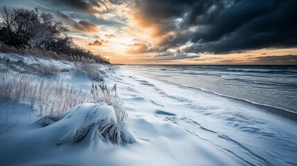 Poster - Snowy Shoreline with Dramatic Clouds at Sunset