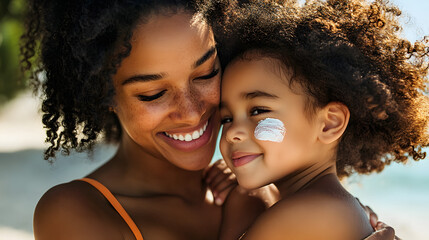 woman hugging lovely daughter with sunscreen on the cheeks