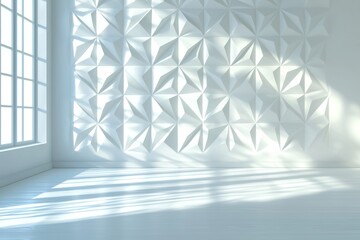 Poster - A soft white abstract stage in elegant futuristic geometric style with clear lines and corners, and polygons as the background of a white wood shelf to display products, advertising, or design ideas.