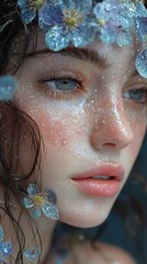 Wall Mural - Close-Up Portrait of a Woman with Flowers in Her Hair