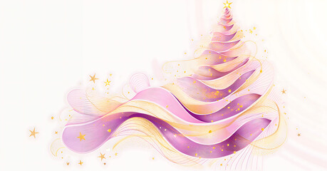 Whimsical Christmas tree in pink and gold with flowing ribbons and sparkling stars, ideal for festive greeting cards, holiday designs, or creative seasonal decoration for websites and advertisements