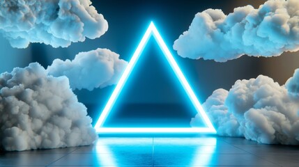 Aufkleber - In 3D, neon triangle, stormy clouds on night sky, triangular frame with copy space.