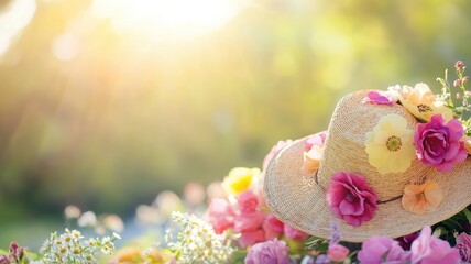 Wall Mural - sunlit straw hat with colorful flowers in garden