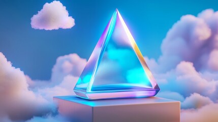 Aufkleber - 3D rendering with abstract futuristic background, neon triangle, stormy cloud on night sky. Triangular frame with copy space.