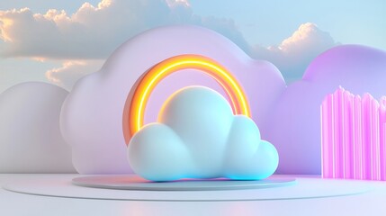 Aufkleber - The sky is framed by a ring shape with a white neon light, shining inside a soft colored cloud, in the background is an abstract geometric background with a white neon light, and an abstract