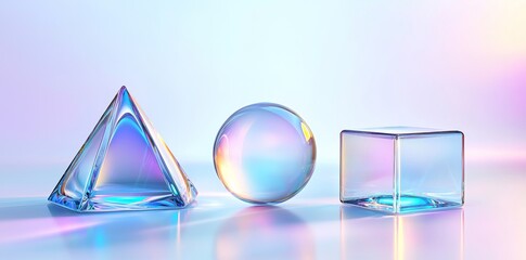 Poster - Abstract geometric shapes with holographic gradient texture, crystal rainbow objects, graphic elements isolated on white background. 3D illustration.