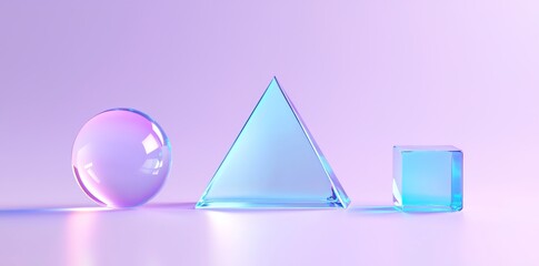 Poster - Three dimensional render icons of a glass triangle, ring, and cube box. Abstract geometric shapes with holographic gradient textures, rainbow objects isolated on white background.