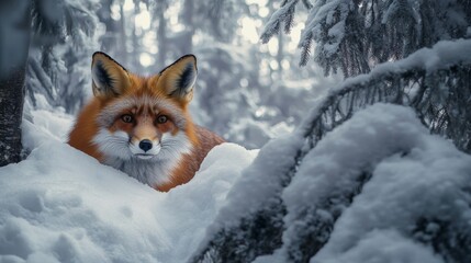 Sticker - Red Fox Peeking Out of the Snow in a Snowy Forest