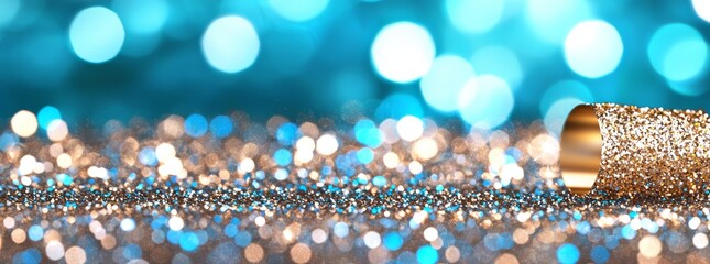 Wall Mural - a background of abstract glitter lights in gold, blue, and black.
