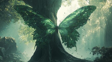 Wall Mural -   A butterfly perched atop a forest tree amidst numerous leaves