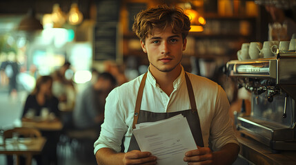 Wall Mural - A Young Handsome Male Waiter in an Apron Stands at the Restaurant
