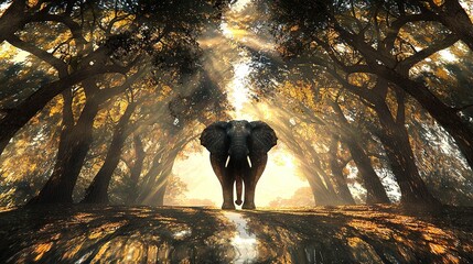 Wall Mural -   Elephant in sunlight surrounded by trees in a forest