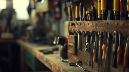 Poster - A Close-Up View of Tools Hanging on a Wooden Pegboard in a Workshop