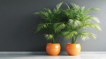 Two potted palm trees in a modern interior setting against a gray wall.