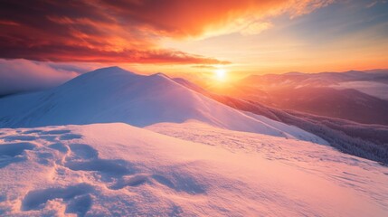 Wall Mural - Majestic Snowy Mountain Peak at Sunset with a Red Sky