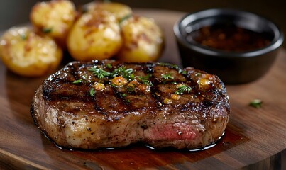 Wall Mural - medium-rare steak on wooden plate served with baked potatoes, Generative AI 