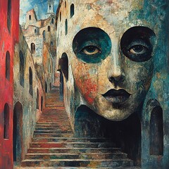 Poster - Surreal Cityscape with a Face: A Dreamlike Journey Through Architecture