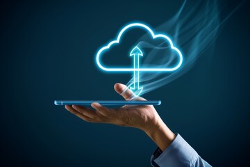 Poster - Hand Holding Smartphone With Cloud Computing Icon, Upload And Download Data Management Symbol