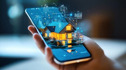 Wall Mural - A Hand Holding a Smartphone with a Digital Representation of a House on the Screen