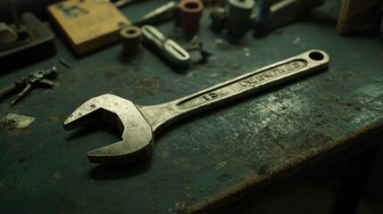 Aufkleber - A Worn 12mm Wrench on a Dusty Workbench
