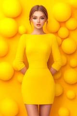 Wall Mural - A woman in a yellow dress stands in front of a yellow background with many yellow balls. The image has a bright and cheerful mood, with the yellow color