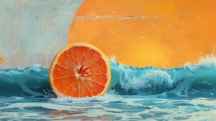 Wall Mural - Artistic summer collage of halved grapefruit and rolling waves with a vibrant sunset blending orange and blue tones for a nostalgic feel