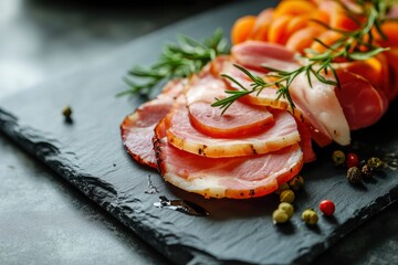 Wall Mural - Slate plate with sliced baked ham, closeup - generative ai