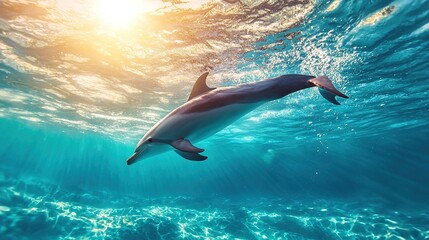   Dolphins swim in sunlit water