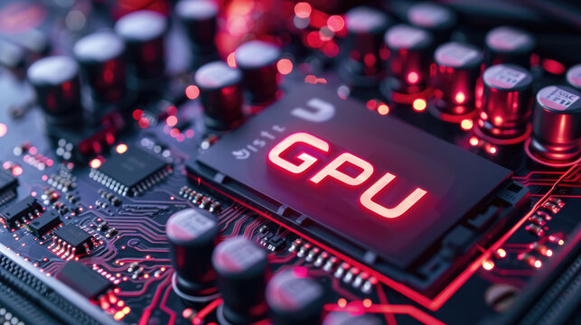 Close-up of mainboard of graphics card with GPU text in red glowing neon, tech concept background.