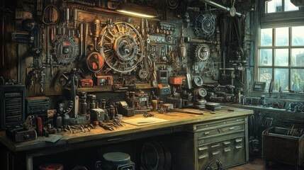 Aufkleber - An Industrial Workshop with Tools and Machinery