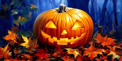 Wall Mural - A glowing jack-o'-lantern sits in a bed of autumn leaves.