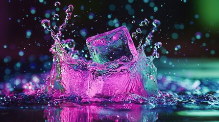 Wall Mural -   A pink ice cube splashing into a pool of water on a black background with the ice cube's reflection in the water