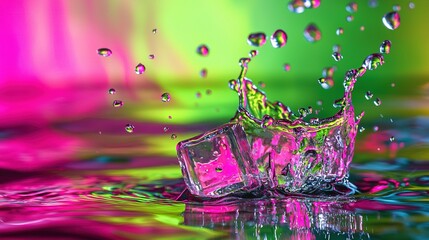 Wall Mural -   A close-up of water splashing on ice cubes with vibrant lights in the backdrop