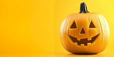 Canvas Print - A carved jack-o'-lantern pumpkin against a yellow background.