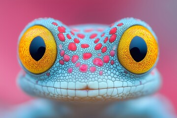 Close-up of a gecko's face with large yellow eyes and a blue and red spotted pattern.