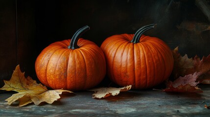 A pair of plump pumpkins sit atop a wooden surface against a weathered, vintage backdrop, epitomizing the rustic beauty and bountiful harvest of the fall season.