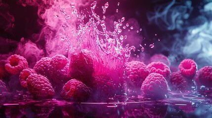 Wall Mural - a cluster of raspberries diving into a body of water surrounded by pink and blue smoke