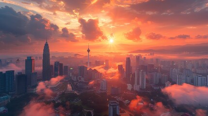 Serene view of a Kuala Lumpur city skyline bathed in the warm glow of sunset 