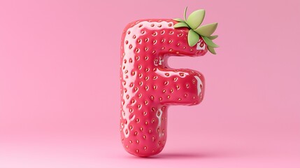 The letter F is framed by a red strawberry textured fruit for kids on solid background