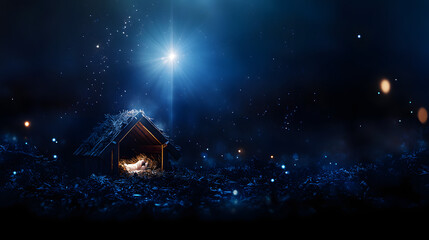 Wall Mural - christian christmas concept. birth of jesus christ. wooden manger in dark blue night. banner, copy s