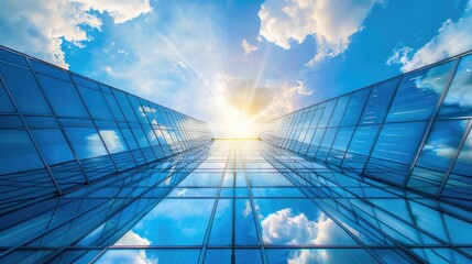 Modern skyscraper office building with glass windows under a blue sky with clouds and sun rays.