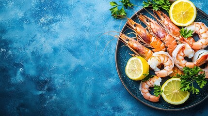 Wall Mural -   A platter of shrimp, garnished with lemons and parsley, sits atop a blue stone