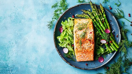 Sticker -   A plate of salmon, asparagus, and asparagus on a blue plate on a blue surface