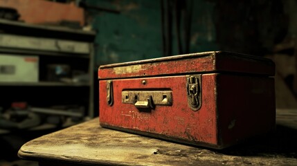 Poster - Red Metal Toolbox on a Wooden Surface in a Dark Room