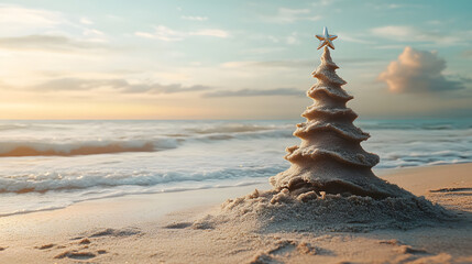 concept - christmas tree made of sand on the beach