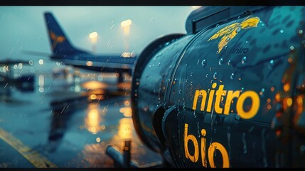 Photorealistic close-up of an airplane fuel tank with the words nitro and bio, on an airport.