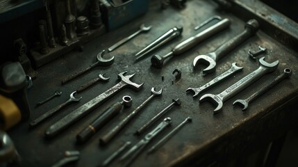 Aufkleber - An Assortment of Wrenches and Tools on a Workbench