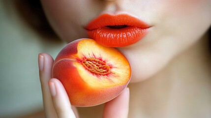 Sticker -   A woman bites into a piece of fruit while facing the camera closely